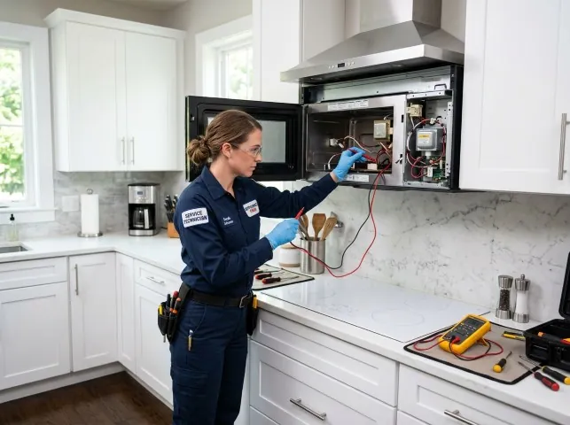 Appliance Repair Hero technician testing an over-the-range microwave in a Bally, PA kitchen